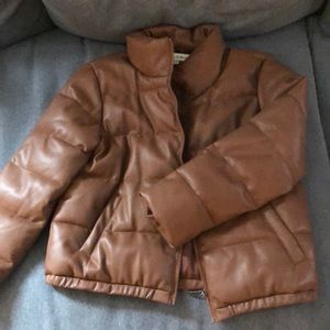 Brown faux leather puffer coat